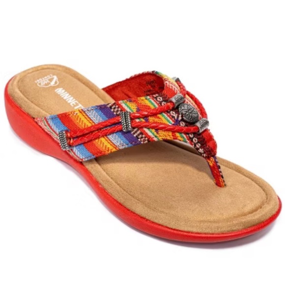 Minnetonka Silverthorne 360 Red Striped Womens Thong Sandals Size 6 Southwestern - Picture 1 of 10